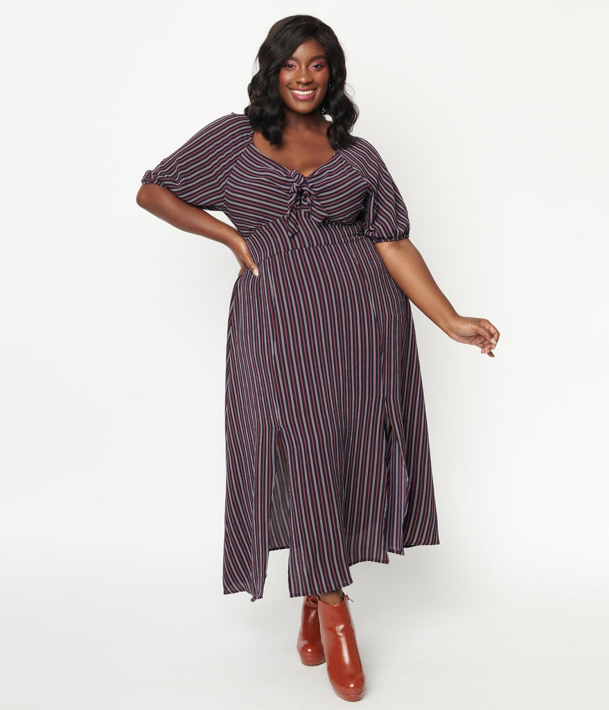 Plus Size Navy ☀ Burgundy Stripe Midi ...